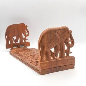 Vtg SARNA INDIA Hand Carved Sheesham Wood Elephant Expandable Sliding Bookends